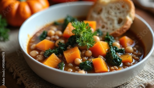 Hearty autumn stew with butternut squash, chickpeas, and kale. Served in a white bowl with a slice of crusty bread. Perfect for a warm, comforting meal.