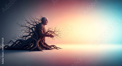 An elder's shadow form emerges from deep mental anguish and tree-like darkness, moving into profound, hopeful cinematic light, dramatic, well-being, internal conflict