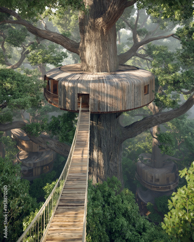 Elevated wooden treehouse structure connected by bridge surrounding massive tree trunk in dense forest canopy