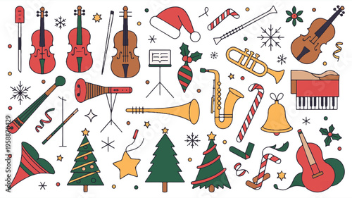 Festive christmas and winter music icons with instruments like violins, trumpets, saxophones, and christmas trees and bells