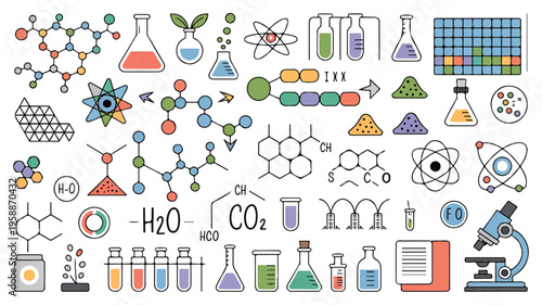 Diverse collection of hand-drawn science and chemistry icons including molecular models, lab equipment, and periodic table