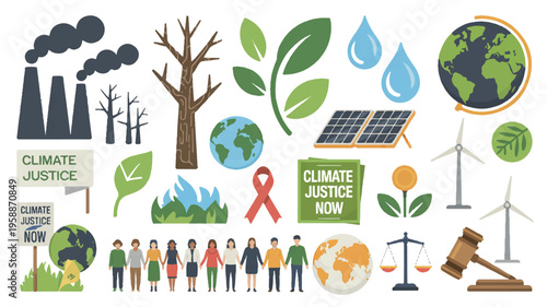Climate justice icons with factories, earth, wind turbines, and people protesting for change