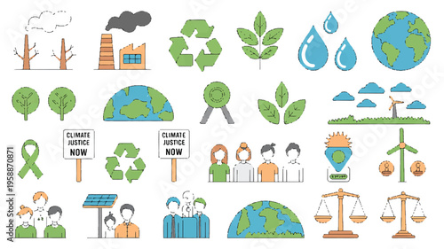 Environmental concept icons showing recycle symbols, earth, and people advocating for change