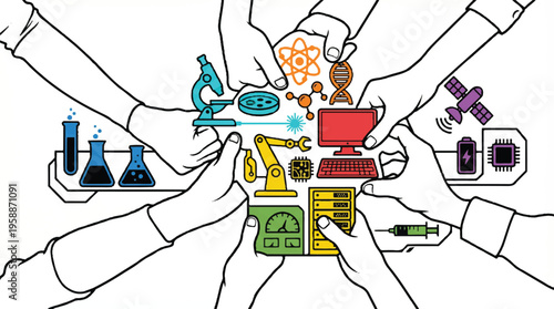 Teamwork in science and technology with diverse hands joining to support innovation icons