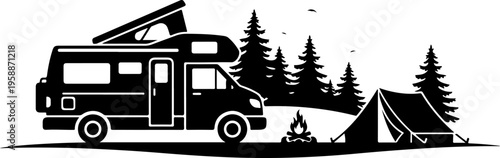 Camping, RV, and tent vector silhouette, outdoor adventure icon, black illustration, travel symbol