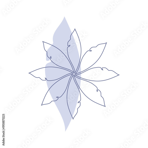A minimalist abstract floral design presents a single flower with eight delicate blue-outlined petals. A soft periwinkle shape flows behind the central bloom, set against a clean white background.