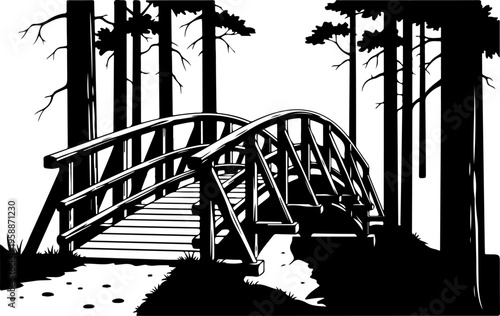 Black and white bridge, forest landscape, vector illustration, monochrome scenery