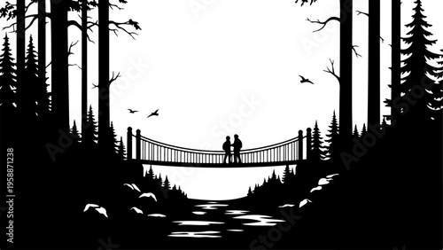 Romantic forest landscape, silhouette couple on bridge, black and white vector illustration, scenic woods background