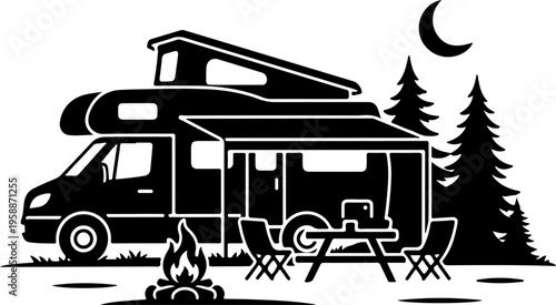 Camping RV vector icon, motorhome silhouette, outdoor adventure symbol, black and white illustration