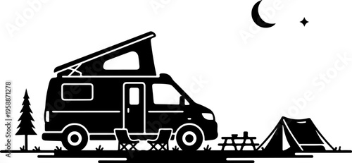 Camping, RV, van life, adventure, travel, silhouette, vector, black, illustration, outdoors