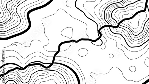 Topographic map contours, black and white vector lines, abstract terrain illustration, geographic pattern design