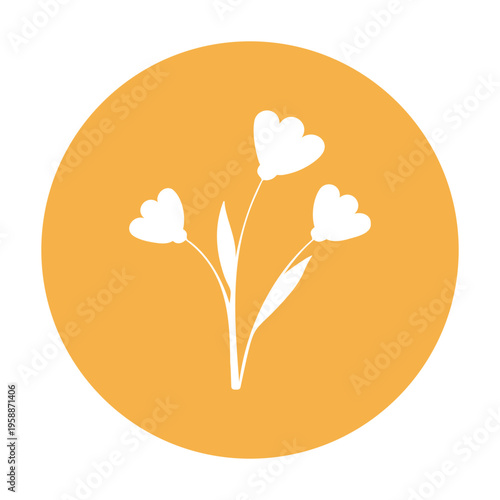 Three simple white cutout flowers stand on thin stems with small leaves. The floral arrangement is centered within a bright, solid orange circular background. This creates a clean, minimalist design.