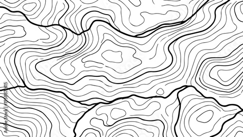 Topographic map background, contour lines pattern, black and white vector design, geographic illustration