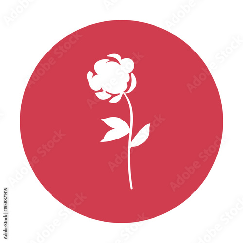 A white cutout flower with a delicate stem and leaves stands prominently inside a solid red circle.