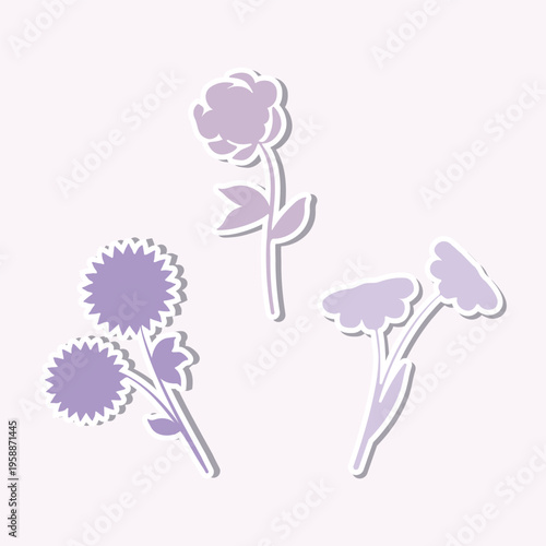 Three charming purple flower stickers arranged on a soft lavender background. Each sticker features a unique floral design with a crisp white outline, perfect for adding a decorative touch.