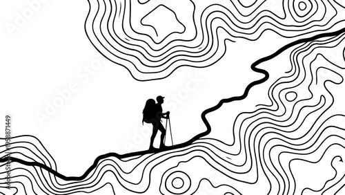 Hiker silhouette, topographic map, adventure travel, black line art