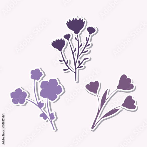 Three distinct purple flower stickers featuring white outlines are arranged on a light lavender background.