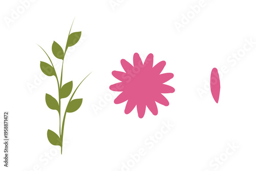 Components of a flower constructor kit displayed. A green stem with leaves, a pink multi-petal flower head, and a single pink petal are arranged on a clean white background. Ready for assembly.