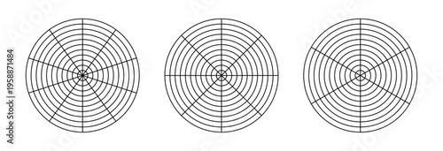 Polar grid of 10 segments and 10 concentric circles, 8 segments and 10 concentric circles, 6 segments and 10 concentric circles. Black blank of graph paper with 10 segments and 10 concentric circles a