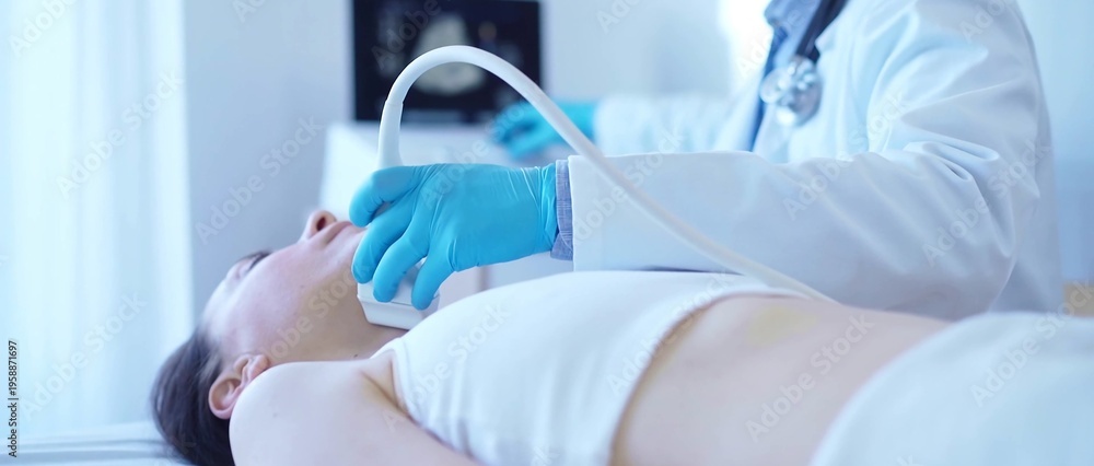 Fototapeta premium Doctor man with blue medical gloves is using ultrasound machine to examine neck of female patient lying down in clinic procedure cabinet. Medicine service