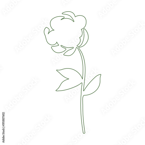 A minimalist green line art illustration of a single flower on a tall stem with two distinct leaves. The drawing is clean and simple, presented against a plain white background.