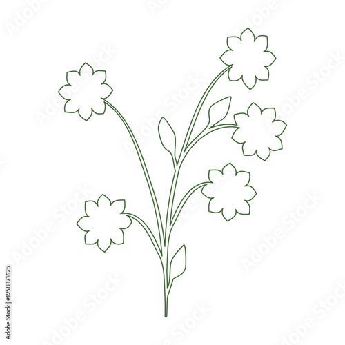 A charming line art drawing presents a flowering plant with a green outline against a white backdrop.