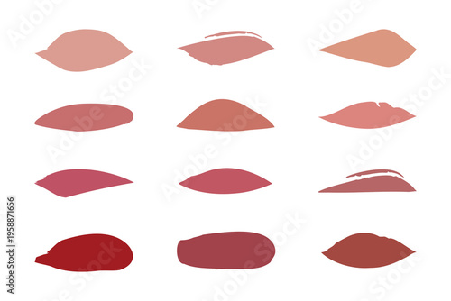 Twelve distinct cosmetic lipstick swatches are showcased on a clean white background. Each swatch presents a unique shade, varying from soft nude and delicate pinks to rich red and deep brown tones.
