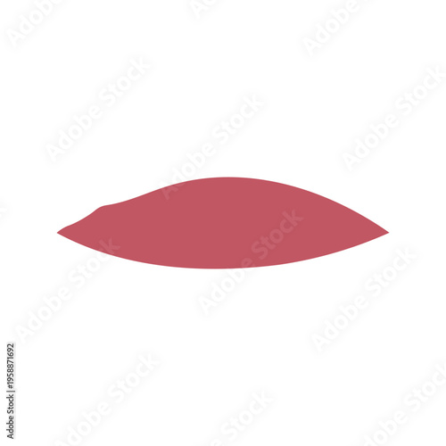 A single, curved swatch of dusty rose lipstick rests on a clean white background. This cosmetic sample highlights the soft, muted red lip color tone and smooth application.