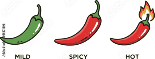 Spice level marks - mild, spicy and hot. Green and red chili pepper. Symbol of pepper with fire. Chili level icons set. Vector illustration isolated on white background. 
