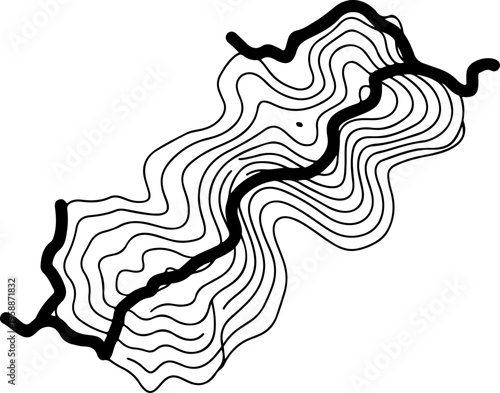 Topographic map contour lines, black and white vector illustration, terrain elevation design, geographic pattern