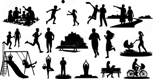 People different ages doing outdoors activities with various poses in public park vector silhouettes. People all ages playing in park family bonding leisure time black silhouette set. 
