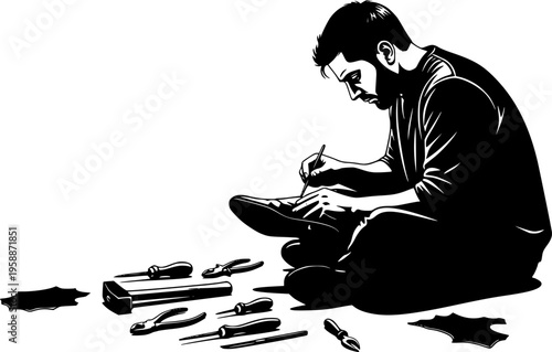 Man sitting on floor repairing shoe with tools around him in silhouette style isolated on white background
