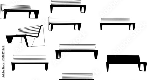 park benches, silhouettes, black and white, minimalist design, urban furniture, geometric shapes, outdoor seating, public spaces, simple lines, repetitive pattern, clean aesthetic, architectural 