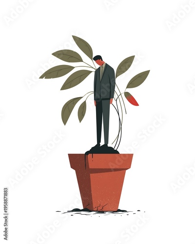 Flat illustration of a businessman depicted as a withered plant in a cracked terracotta pot, with fallen leaves. Metaphor for exhaustion and weariness.