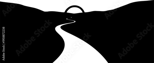 Black and white road landscape silhouette, vector road sign, tunnel entrance illustration, monochrome travel background