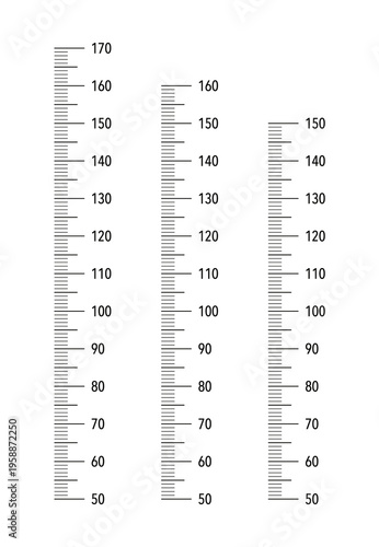 Kids height chart from 50 cm to 150, 160 and 170 centimeters. Wall growth 150 cm, 160 cm and 170 cm sticker template isolated on a white background. Meter wall or growth ruler.