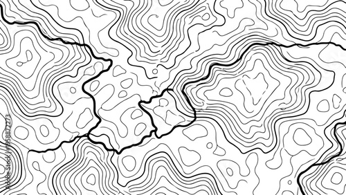 Topographic map, contour lines, black and white, vector illustration, geography background