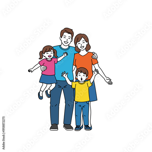 Happy family of four standing together.