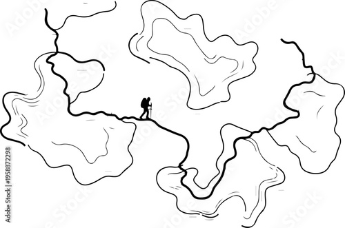 Minimalist hiking illustration, topographic map contour lines, solo adventurer, black line art