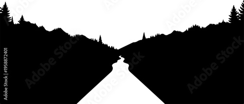 Road, mountain, forest silhouette, landscape, vector, black and white, scenic route, travel
