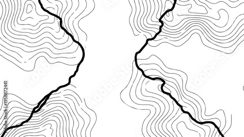 Topographic map contours, black lines on white background, vector terrain illustrations, geographic design elements