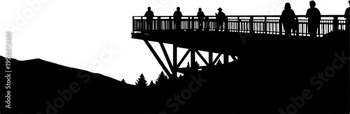Silhouette, people on bridge, observation deck, scenic viewpoint, black and white