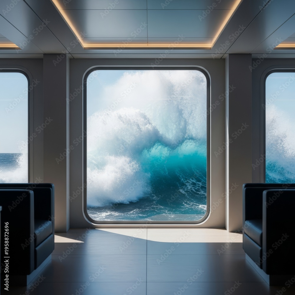 Fototapeta premium Grand interiors of a sophisticated vessel provide a tranquil haven as powerful ocean waves crash against sturdy windows, highlighting protected luxury, dramatic, majestic, lavish