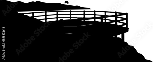 Black silhouette, wooden observation deck, mountain overlook, fence railing, landscape view