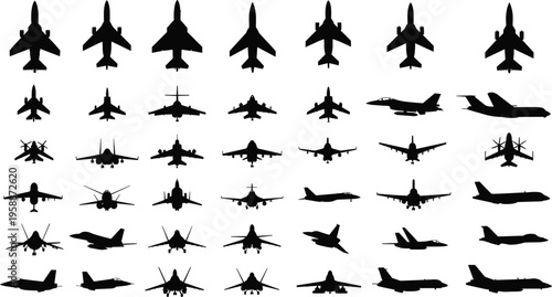 Collection of airplane silhouettes, military jet icons, fighter aircraft vector, aviation design, air force planes, black graphic, transportation, travel, flight