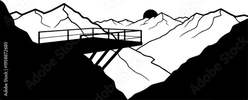 Black and white mountain landscape, scenic viewpoint, vector illustration, simple design