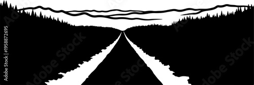 black and white road, vector road sign, highway silhouette, monochrome landscape