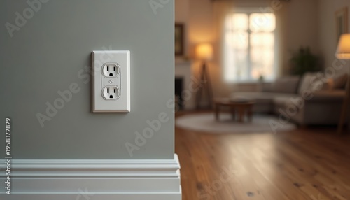 Close up of a double electrical outlet on a gray wall. In background blurred living room interior with furniture and window light. Clean residential power source.