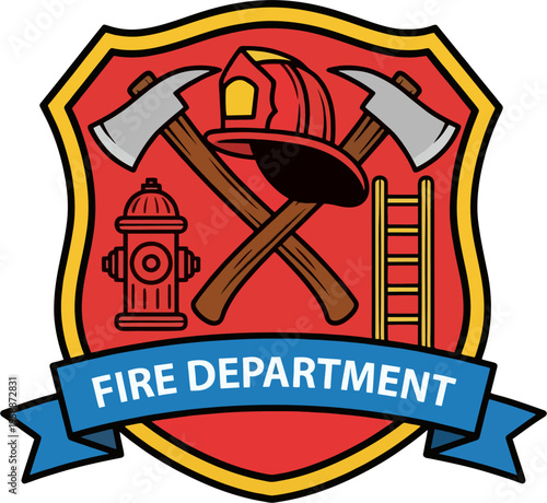 Fire Department Badge Emblem with Firefighter Helmet Crossed Axes Hydrant and Ladder