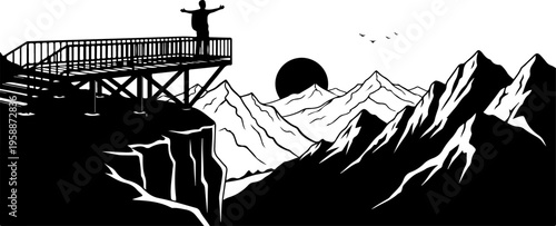 Black and white, mountain landscape, silhouette illustration, observation deck